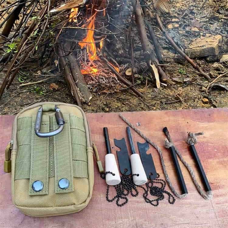 Outdoor bushcraft fire starting using the ferro rod bulk FRC24 system with high-spark bulk ferrocerium rods and a MOLLE-compatible storage pouch.
