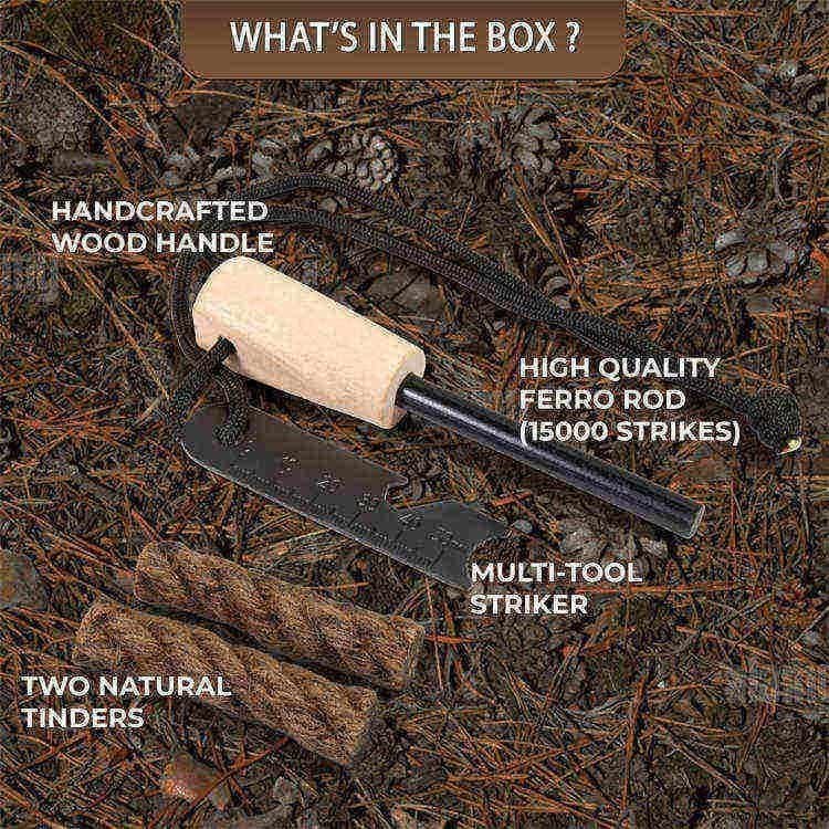 FRC15 survival gear set including bulk ferrocerium rods with 12,000 strikes durability, ergonomic wood handle, and premium tinder for professional bushcraft and emergency use.