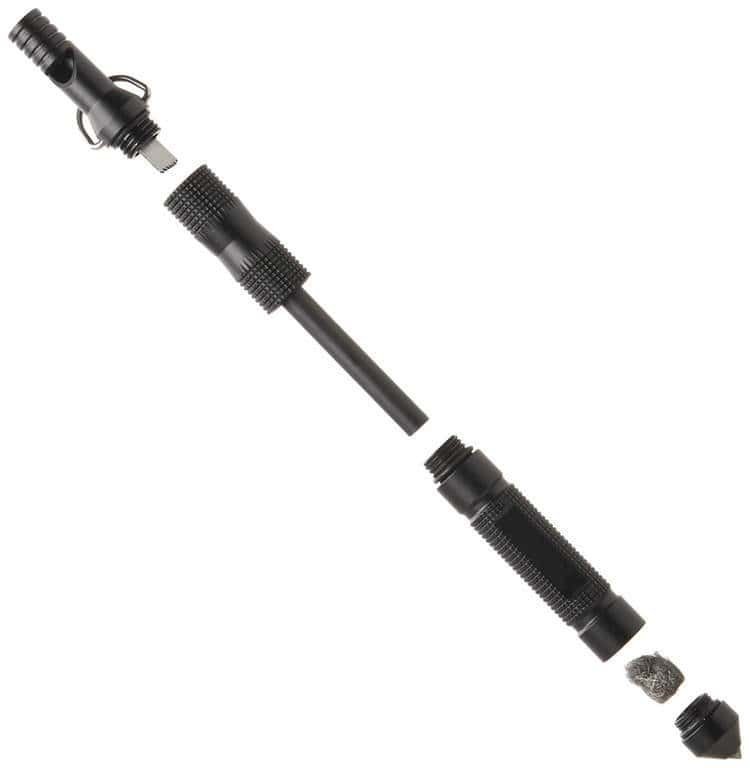 Exploded view of tactical fire steel displaying the internal ferro rod bulk FRC25 premium core, scraper tool, cotton tinder storage, and rescue whistle.
