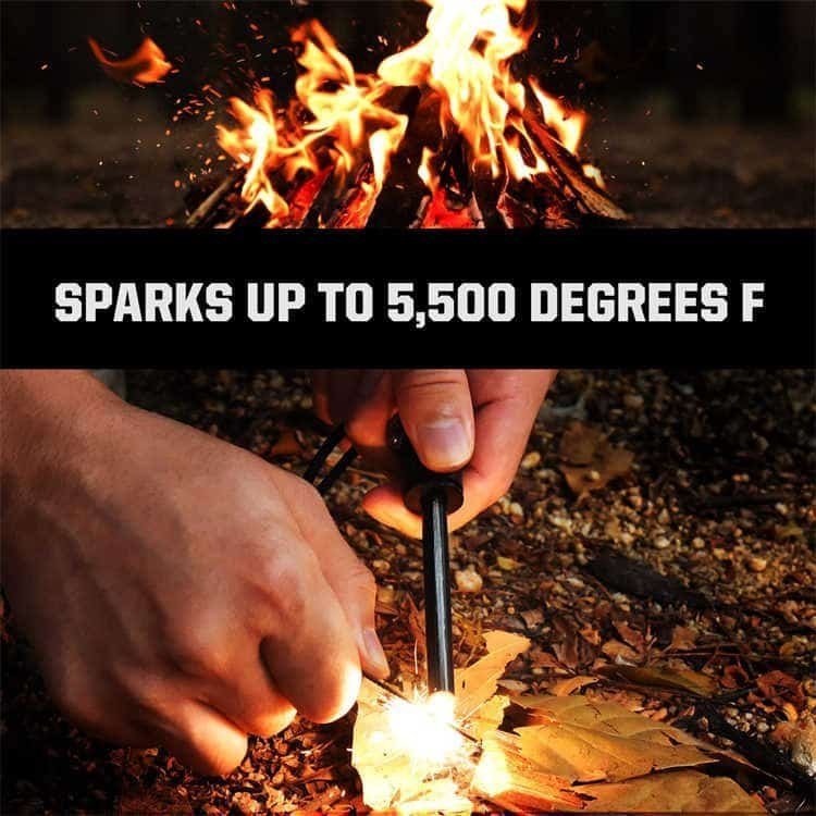 Striking a wholesale ferro rod to produce high-heat sparks for outdoor survival fire starting.