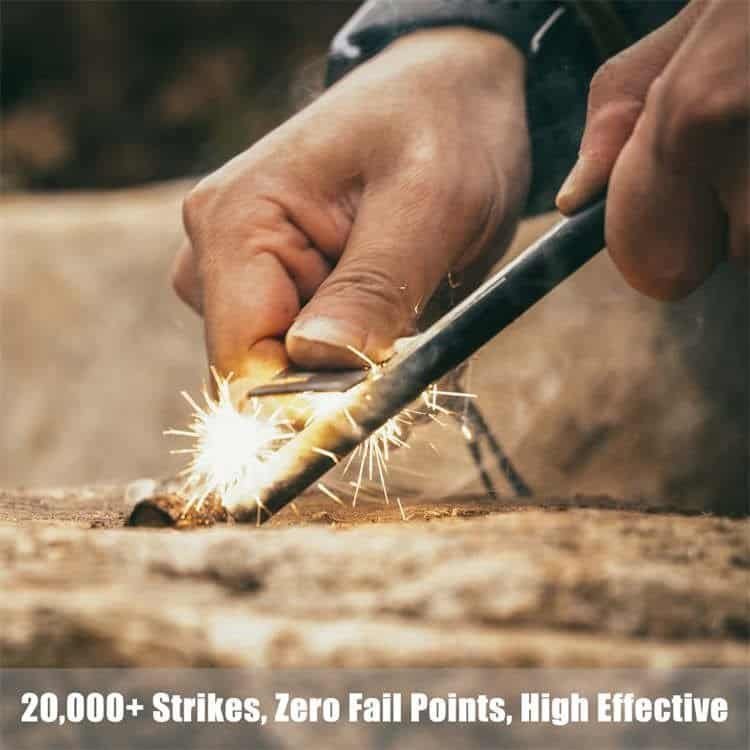 Using a professional ferro rod bulk FRC21 to ignite tinder in the wild, showcasing the reliability of the FST10 fire starter kit.