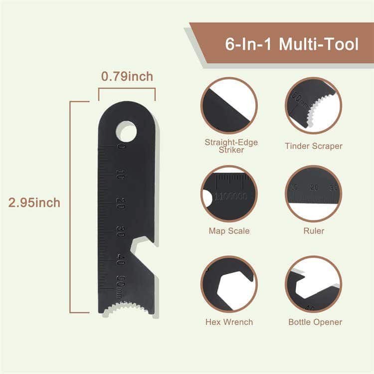 6-in-1 multi-tool steel scraper included in the ferro rod bulk FRC10 set, featuring a ruler, hex wrench, and bottle opener.