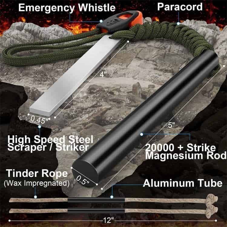 Olive drab paracord lanyard and emergency signal whistle integrated with bulk ferrocerium rods for tactical outdoor gear wholesalers.