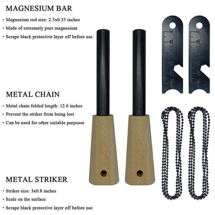 Close-up of 2.5-inch bulk ferrocerium rods and 3-inch metal strikers from the ferro rod bulk FRC24 collection, featuring pre-drilled lanyard holes and measurement scales.