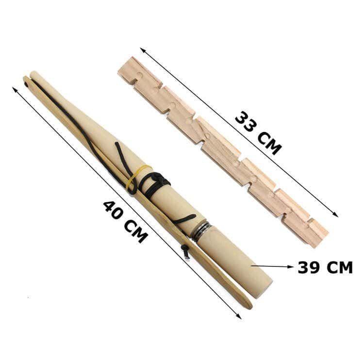 Technical specifications for the wholesale fire starter kit FRC14, showing a 40cm bow, 39cm spindle, and 33cm notched fire board.