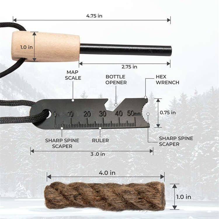 Detailed dimensions of ferro rod bulk FRC15 showing a 4.75-inch total length, 2.75-inch exposed rod, and a multi-functional scraper for wholesale outdoor equipment buyers.