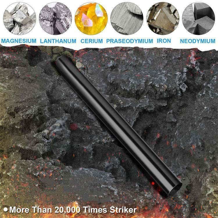 Technical specifications of bulk ferrocerium rods showing 5"x0.5" rod dimensions, 4" stainless steel striker, and 12" waterproof tinder rope with a survival whistle.