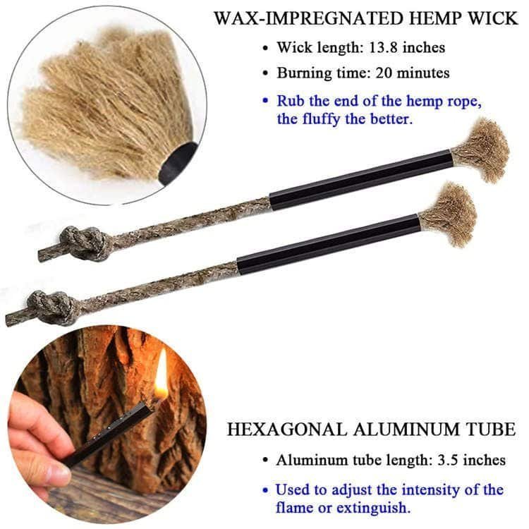 13.8-inch wax-impregnated hemp wick and 3.5-inch hexagonal aluminum tube included in the ferro rod bulk FRC24 set to control and extinguish flames.