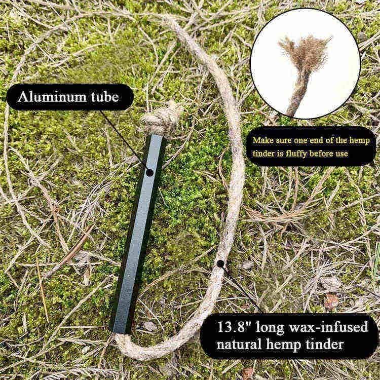 13.8 inch wax-infused natural hemp tinder with an aluminum control tube, part of the ferro rod bulk FRC09 survival set.