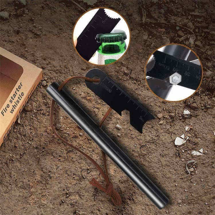 6-in-1 multi-tool steel scraper included in the ferro rod bulk FRC10 set, featuring a ruler, hex wrench, and bottle opener.
