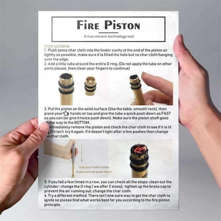 Step-by-step instructions for using the FRC16 fire piston, a high-performance survival tool superior to standard bulk fire steel in wet conditions.