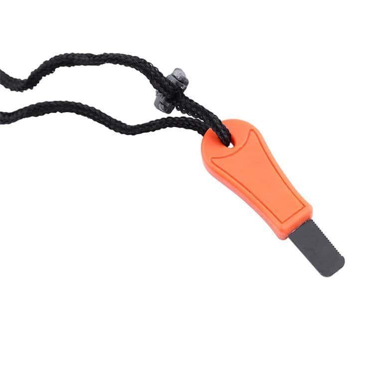 Black serrated multi-tool steel striker with an orange handle from the FRC26 ferrocerium rods survival kit.