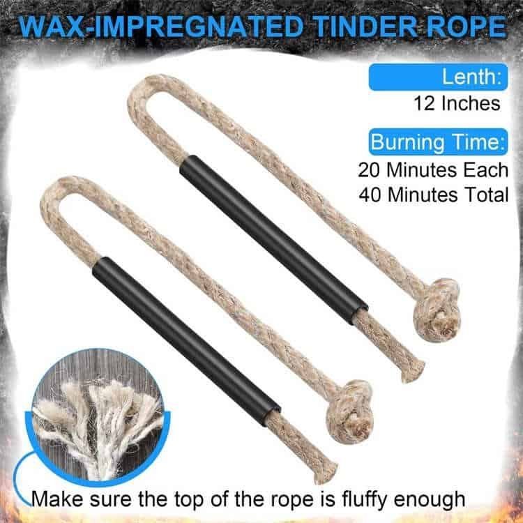 Wax-impregnated hemp tinder ropes for bulk ferrocerium rods, featuring 12-inch length and 40 minutes of total burn time for wet weather performance.