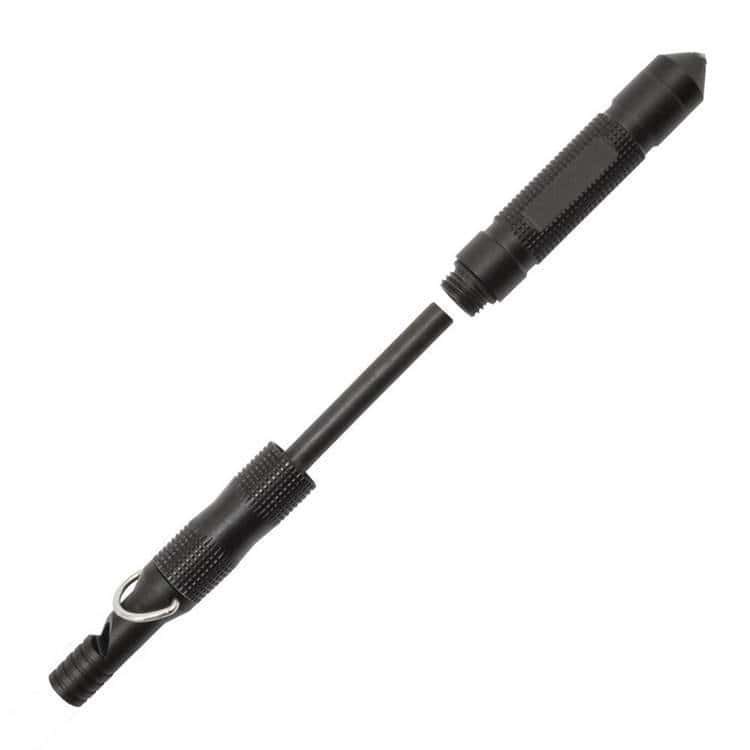 Disassembled survival tool revealing the replaceable ferro rod bulk FRC25 fire steel rod connected to the knurled heavy-duty defense handle.