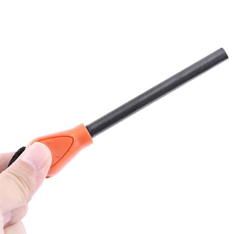 Factory-direct ferro rod bulk FRC26 highlighting the durable outdoor survival fire starter rod with an ergonomic orange grip.
