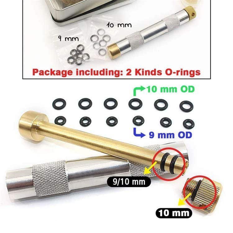 Detailed view of 9mm and 10mm OD O-rings for FRC16 fire piston, ensuring airtight compression for the ferro rod bulk FRC16 series.