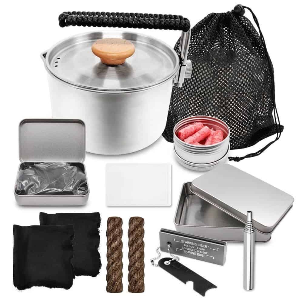 A comprehensive bushcraft gear set featuring the ferro rod bulk FRC23 components, organized with a 1000ml stainless steel survival pot and various tinder options for wholesale ferro rod suppliers.