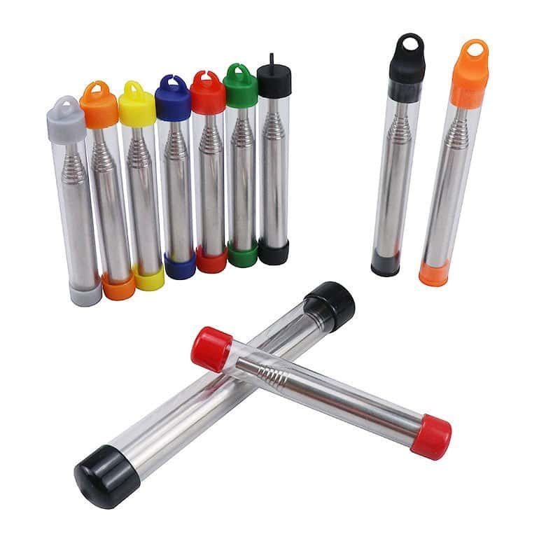 Various color options of protective storage tubes for the FRC22 pocket bellows, available for customization in wholesale fire starter kit bulk orders.