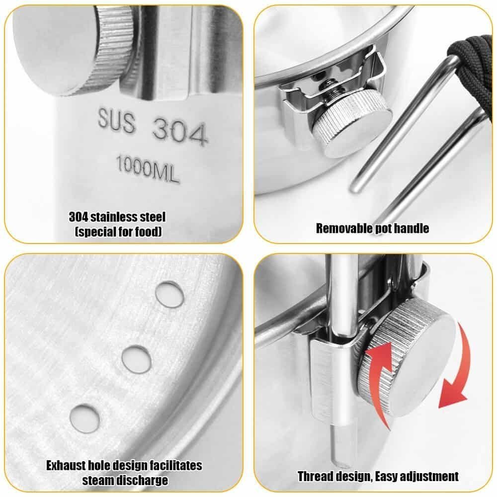 Close-up details of the ferro rod bulk FRC23 system's SUS 304 food-grade pot, featuring a removable handle and steam discharge holes, ideal for wholesale ferro rod market needs.