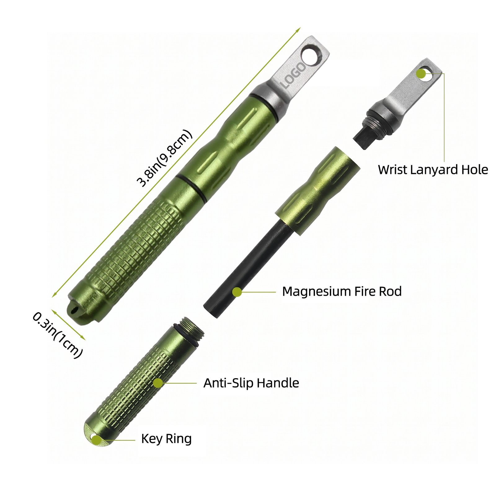 Detachable 3-in-1 magnesium fire starter showcasing dimensions and tactical anti-slip handle from a reliable ferro rod bulk FRC28 supplier.
