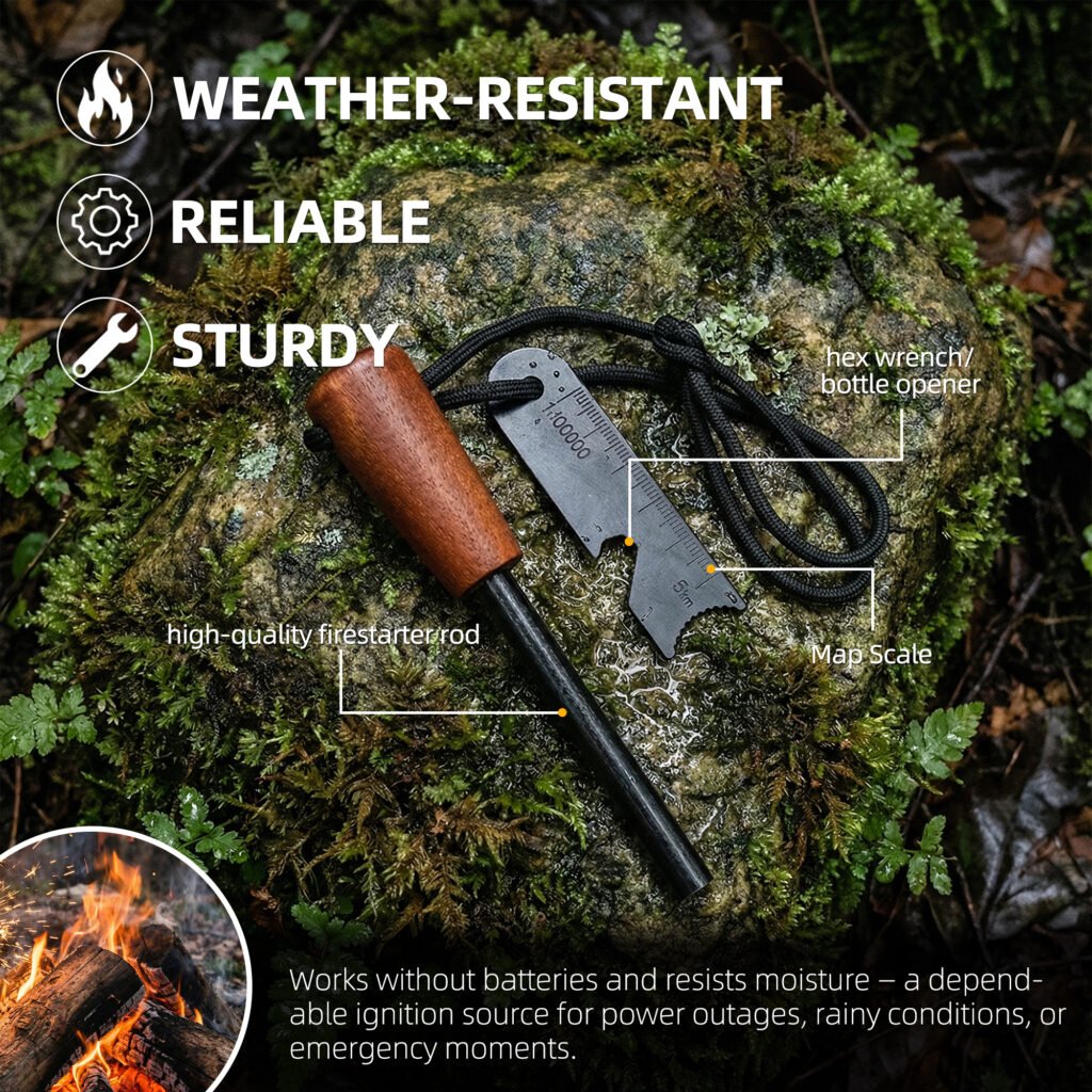 Weather-resistant and sturdy ferro rod bulk FRC67 placed on mossy rock, highlighting features like the map scale, hex wrench, and bottle opener.