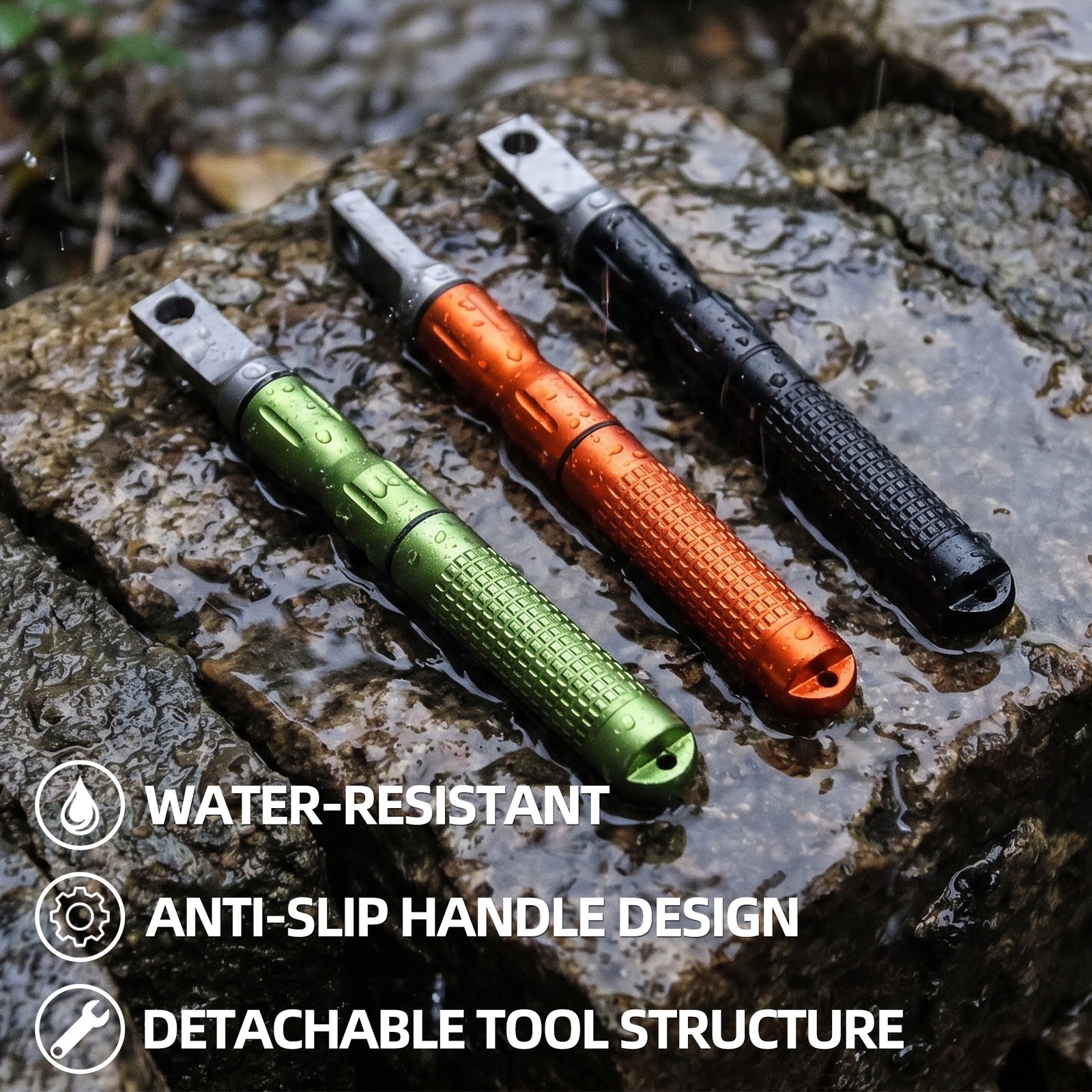 Waterproof and weather-resistant ferro rod bulk FRC28 tactical fire starter on a wet stone surface for emergency preparedness.