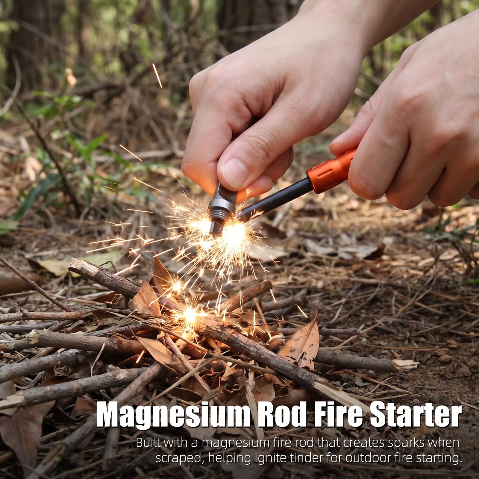 Waterproof and weather-resistant ferro rod bulk FRC28 tactical fire starter on a wet stone surface for emergency preparedness.