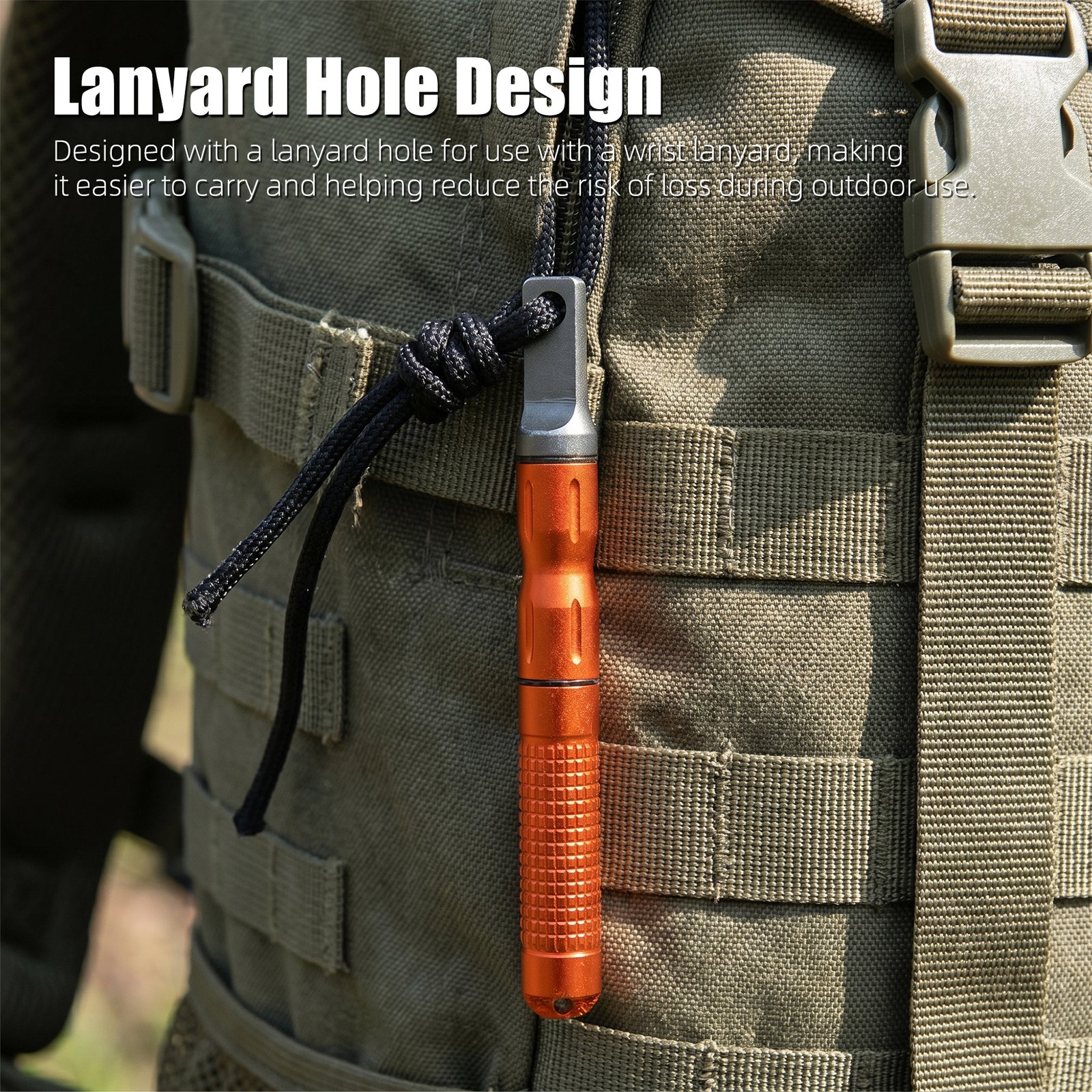 Compact wholesale ferro rod fire tool attached to a tactical backpack using the integrated wrist lanyard hole design.