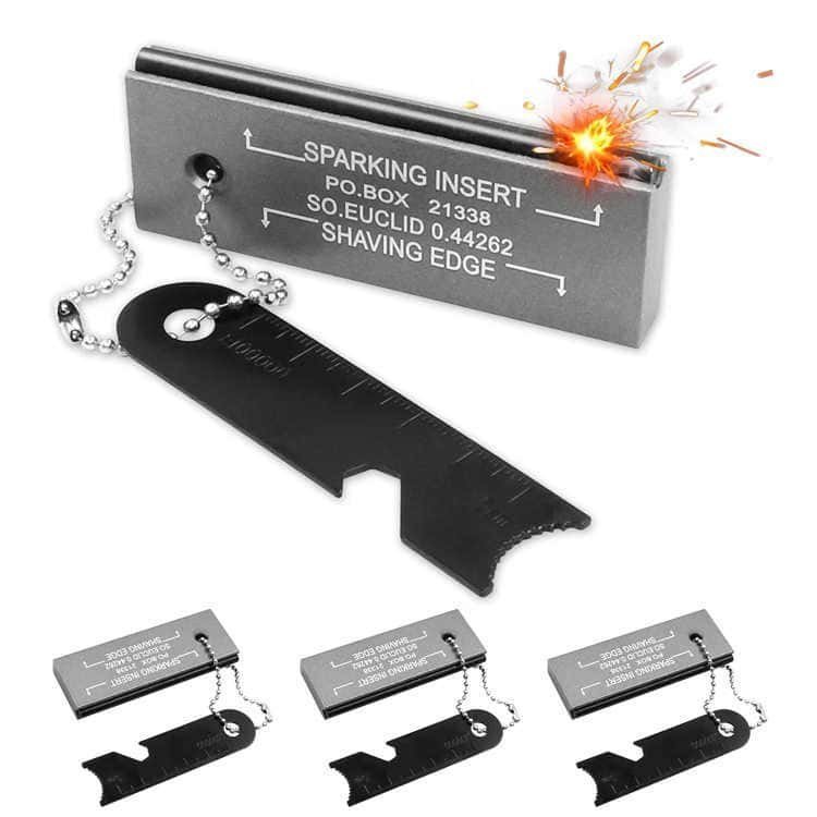 FRC32 magnesium flint fire starter with a black multi-tool scraper on a ball chain showcasing intense sparks flying from the built-in ferro rod bulk FRC32 insert.