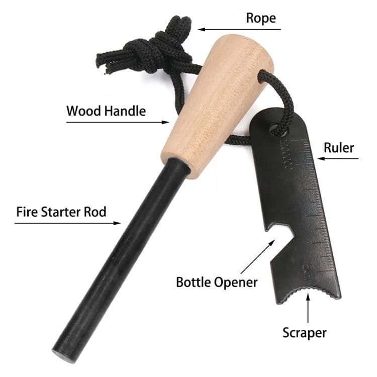 Wholesale ferro rod FRC31 product blueprint detailing components including wood handle, nylon rope lanyard, fire starter rod, ruler, scraper, and bottle opener.