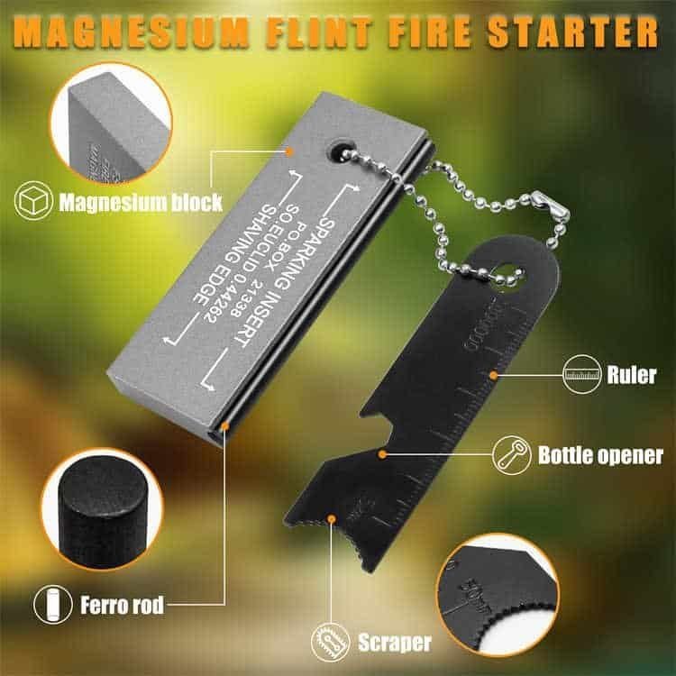 Product anatomy diagram of the magnesium flint fire starter showing the solid magnesium block, integrated ferro rod, multi-use scraper, ruler, and bottle opener.