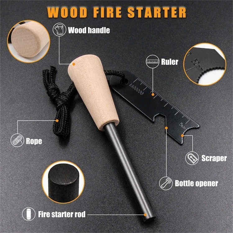 Factory-direct wholesale ferro rod FRC31 survival kit featuring a solid wooden handle and a multifunctional black metal striker connected by a durable cord loop.
