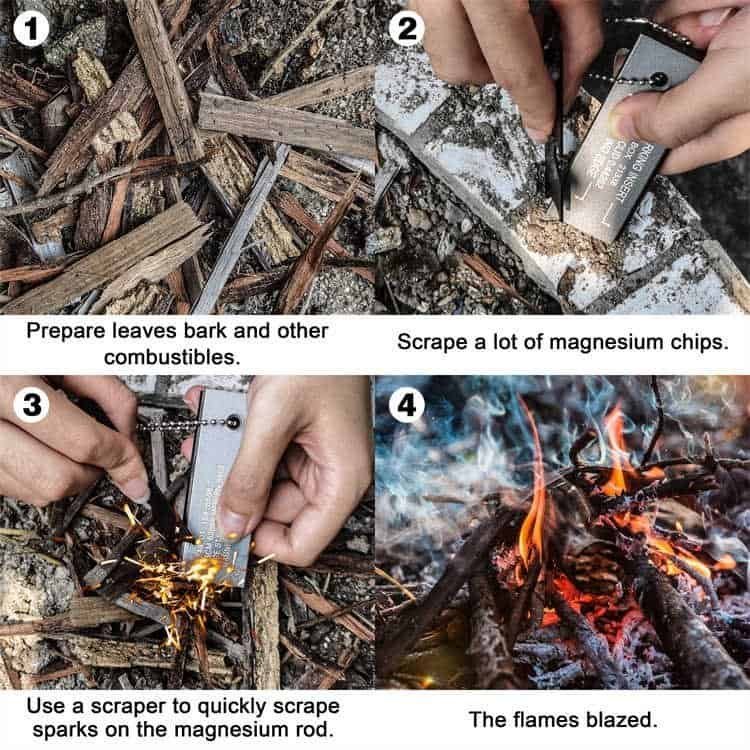 A 4-step tutorial demonstrating how to use the bulk ferrocerium rods to scrape magnesium chips, strike sparks with the steel scraper, and successfully ignite a campfire outdoors.