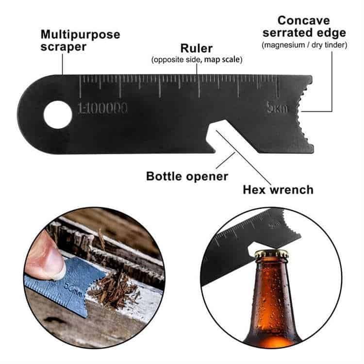 Multi-purpose steel scraper for ferro rod bulk FRC31 showcasing the built-in map scale ruler, hex wrench, bottle opener, and concave serrated edge scraping tinder.