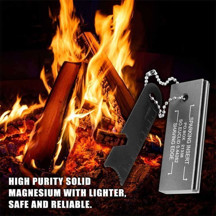 High-purity solid magnesium fire starter set with a tactical black scraper displayed next to a roaring campfire to emphasize its reliable and safe emergency survival use.