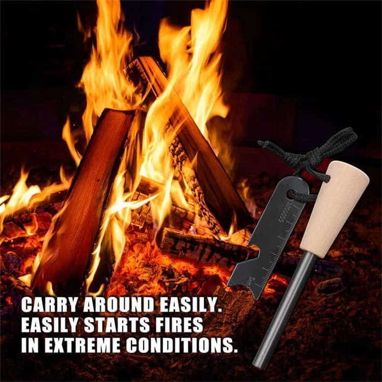 High-quality wholesale ferro rod with a classic wooden grip and paracord tether displayed against a roaring outdoor campfire background.