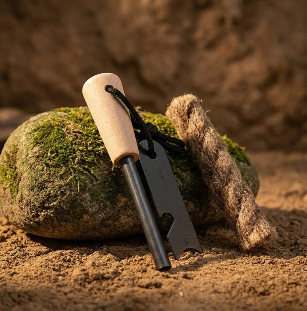 Product shot of a wooden‑handled ferro rod fire starter kit, with the striker and a short hemp rope resting against a stone, from a ferro rod manufacturer in Germany.