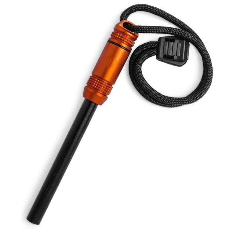 FRC30 heavy-duty fire steel with an orange textured aluminum handle and black lanyard cord, perfect for outdoor brands seeking premium ferro rod bulk FRC30 solutions.