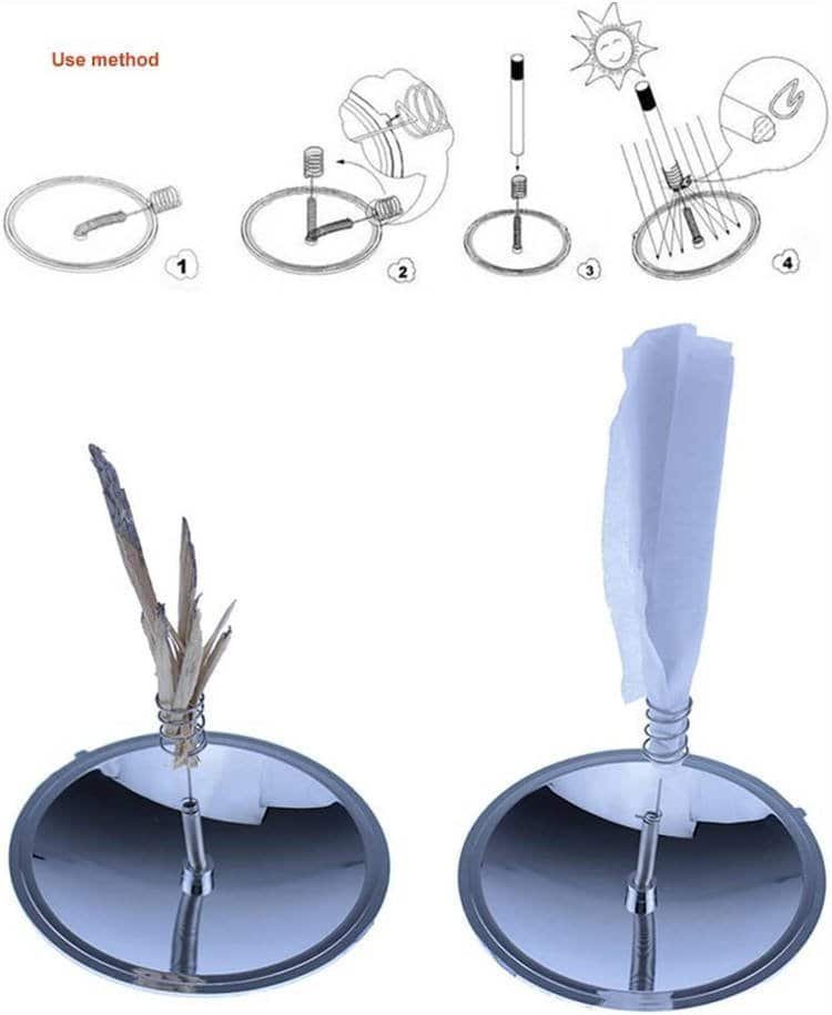 4-step diagram showing how to use the ferro rod bulk FRC29 solar fire starter to ignite dry wood shaving tinder and cotton pads.