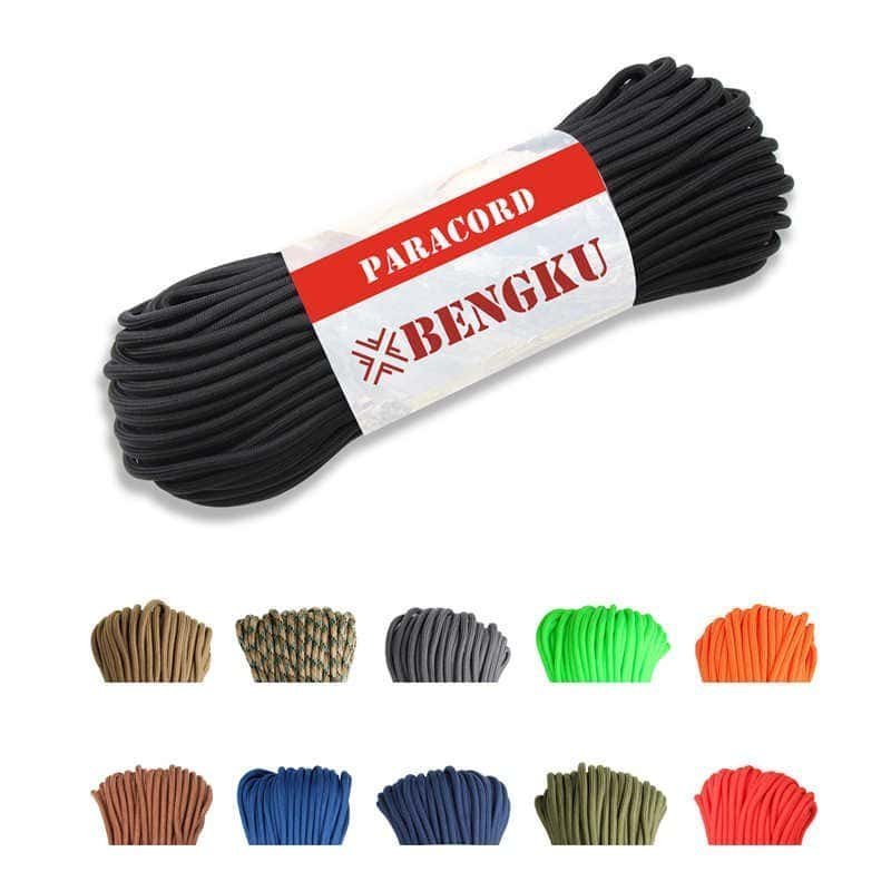 Premium bulk paracord roll in black with customized BENGKU brand packaging sleeve, showcasing multiple color options underneath from a trusted paracord manufacturer.