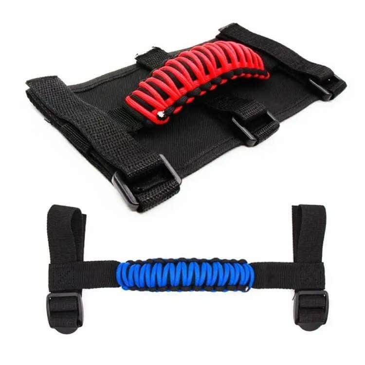 Red and black hand-woven paracord grab handle with 3-strap Oxford fabric backing plate from paracord holder bulk manufacturer.