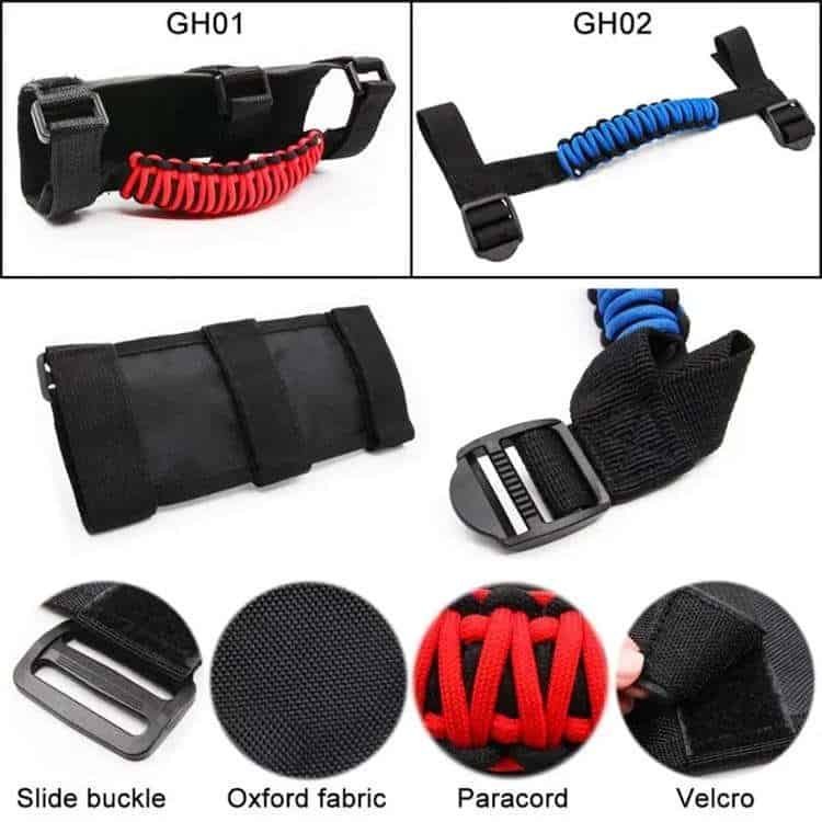 PH02 paracord holder supplies featuring Oxford fabric base, 3 slide buckles, velcro straps, and hand-woven paracord grab handles.