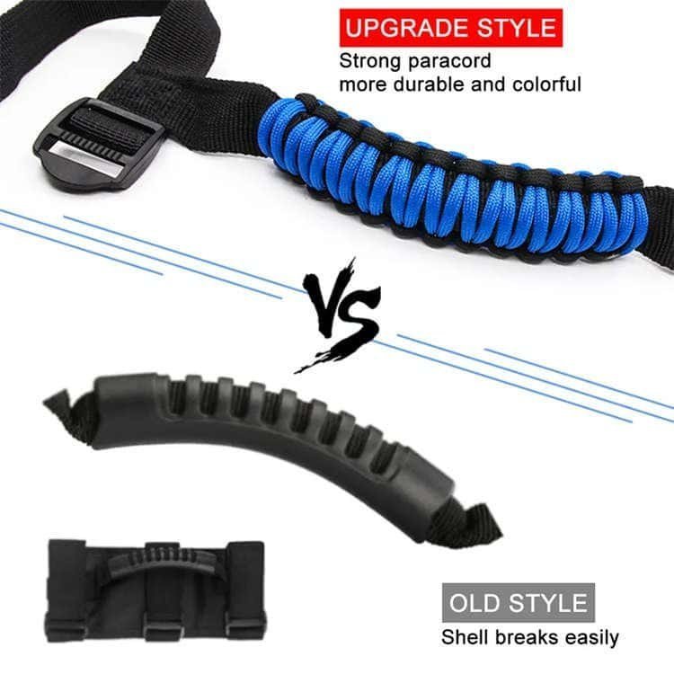 Upgrade style strong paracord grab handle VS old style easily broken plastic handle for vehicle roll bar.
