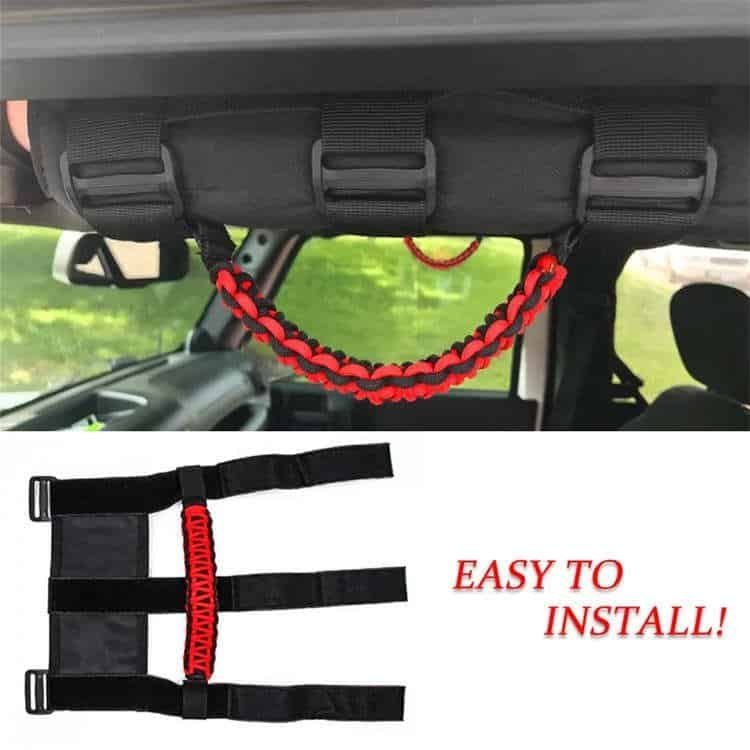 Easy to install PH02 paracord holder bulk handles mounted on Jeep Wrangler roll bar with 3 slide buckle straps.