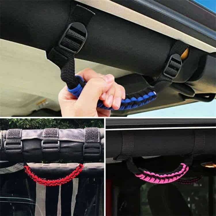Hand gripping a blue paracord roll bar grab handle, showing red and pink custom color options for paracord holder supplies.
