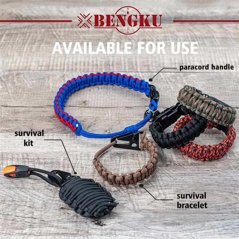 Heavy-duty wholesale paracord PRD02 crafted into tactical survival bracelets and survival kits with paracord handles.