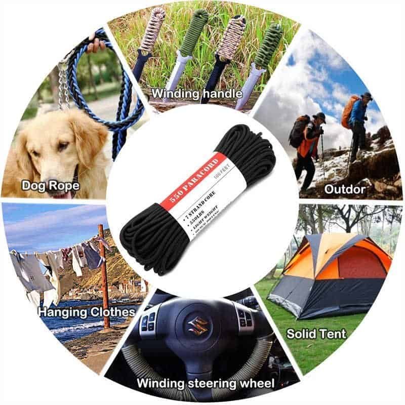 PRD02 550 cord applications in outdoor paracord supplies including wrapping knife handles, dog ropes, and securing solid tents.