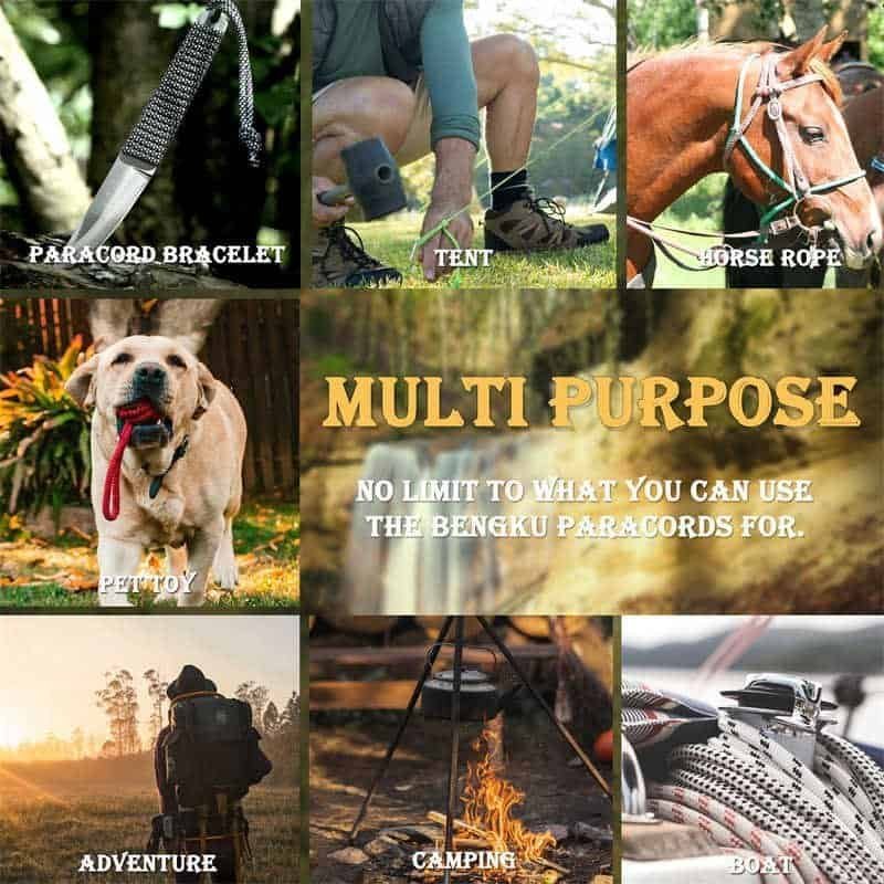 A multi-purpose application grid demonstrating bulk paracord uses, including paracord bracelets, tent guy lines, horse ropes, pet toys, camping gear, and boat rigging.