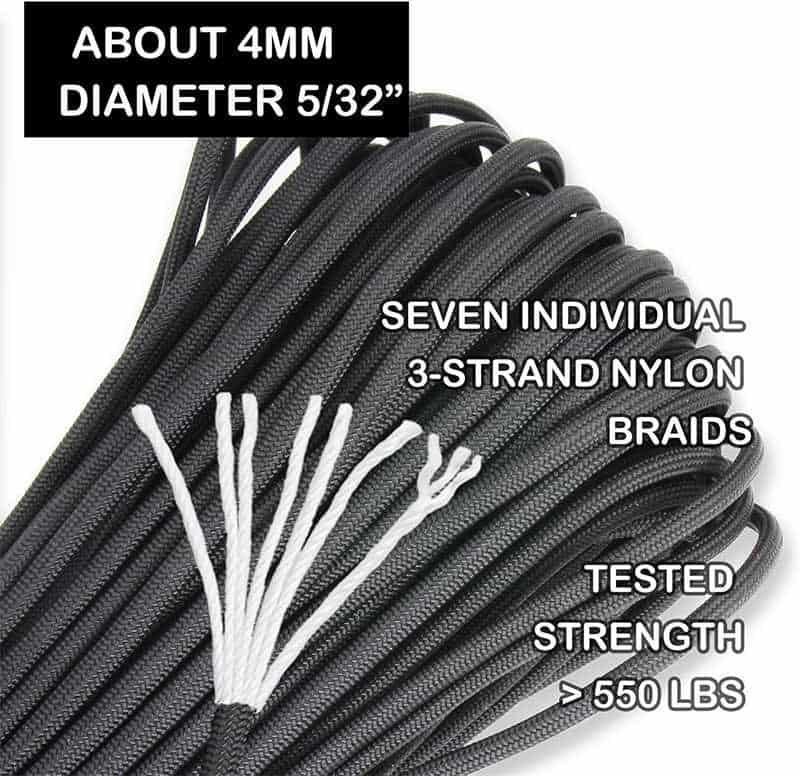 Close-up of PRD02 paracord supplies showing 4mm diameter and 7 individual 3-strand nylon braids tested for 550 lbs strength.