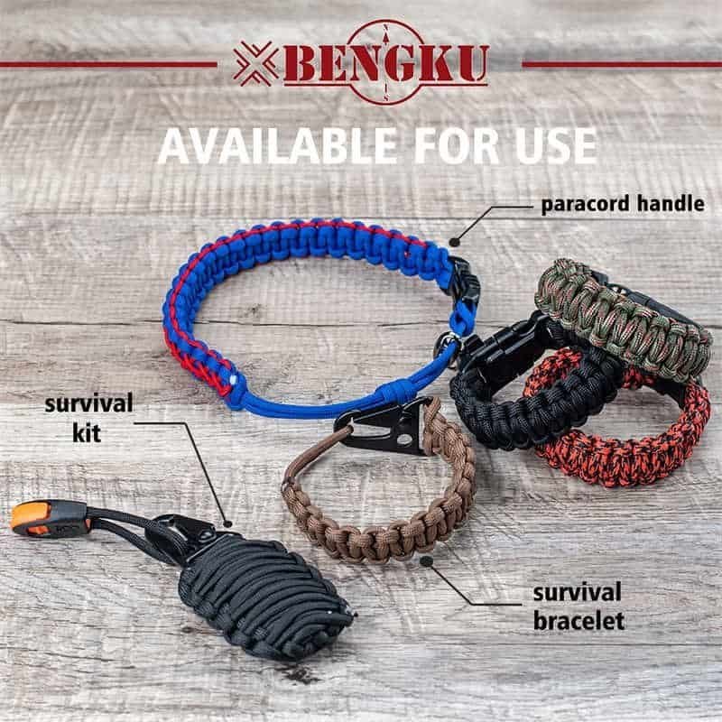 Various woven survival gear on a wooden background, including tactical paracord handles, survival bracelets, and a survival kit crafted by a leading paracord manufacturer.
